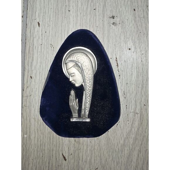 Vtg Sacred Heart Pewter Mary Marked Italy Cobalt Blue Easel Display Religious - Picture 1 of 6